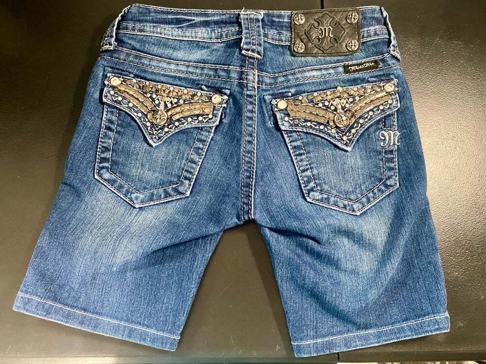 Miss Me Women's Size 25 Embellished Bermuda Jean Shorts Rhinestone Flap Pocket
